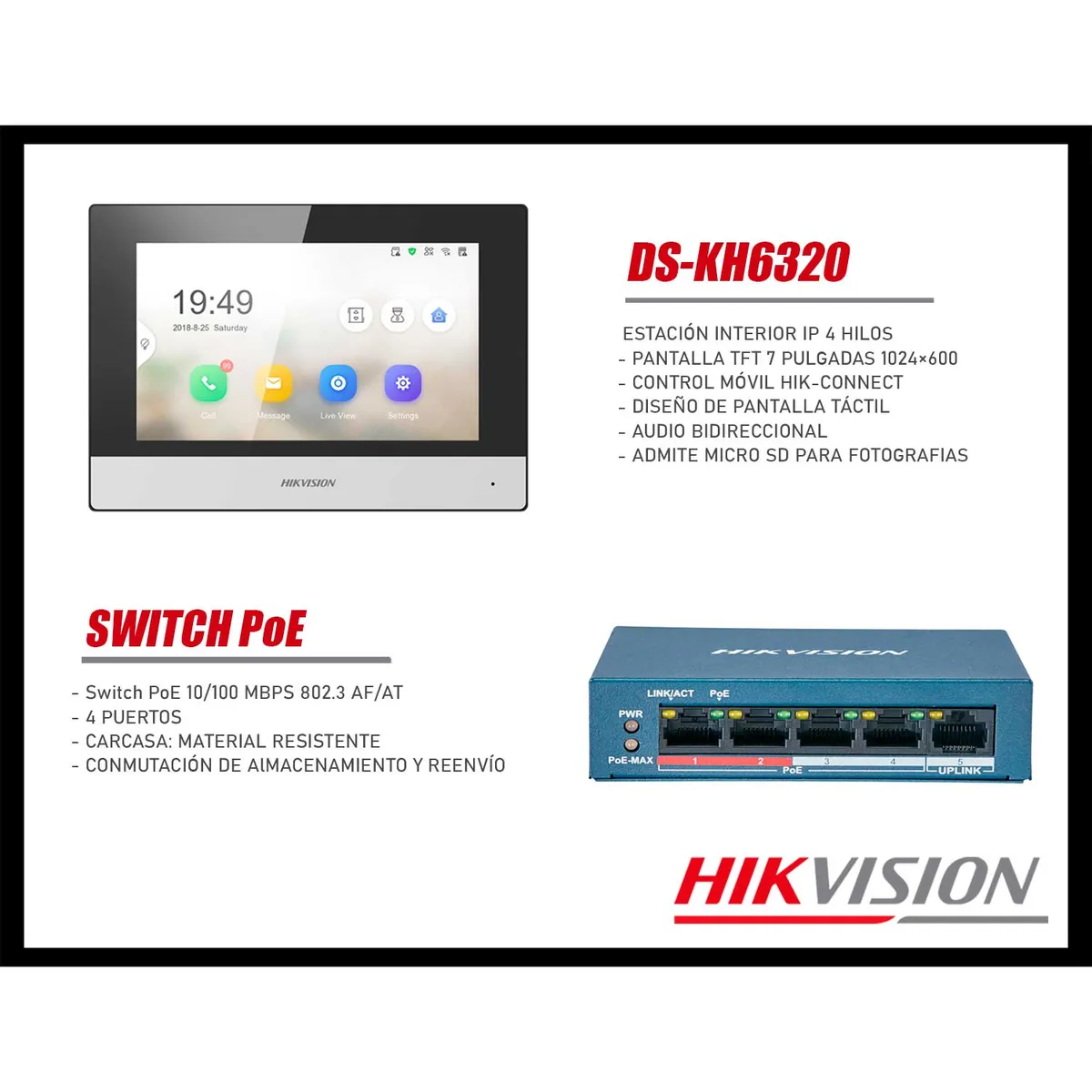 Kit Videoportero IP Hikvision DS-KIS602 Cámara 2MP Pantalla táctil App Llamada