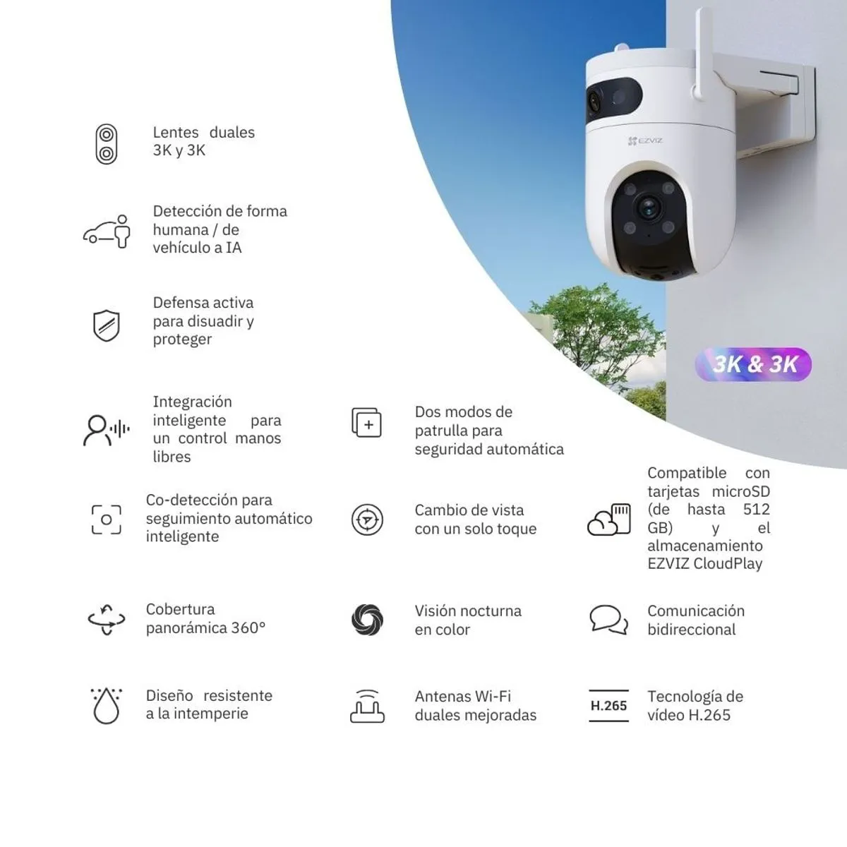 Cámara Exterior EZVIZ H9c Doble Lente 3K & 3K WiFi 360° con Detección IA