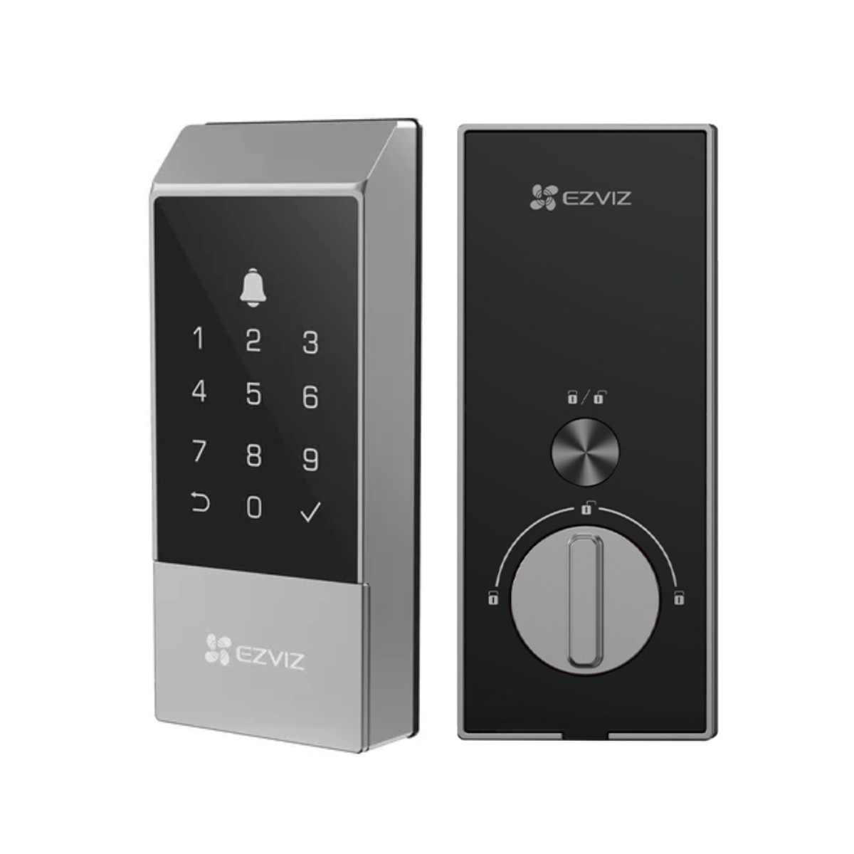 Cerradura EZVIZ DL04 vista frontal y trasera plata negro